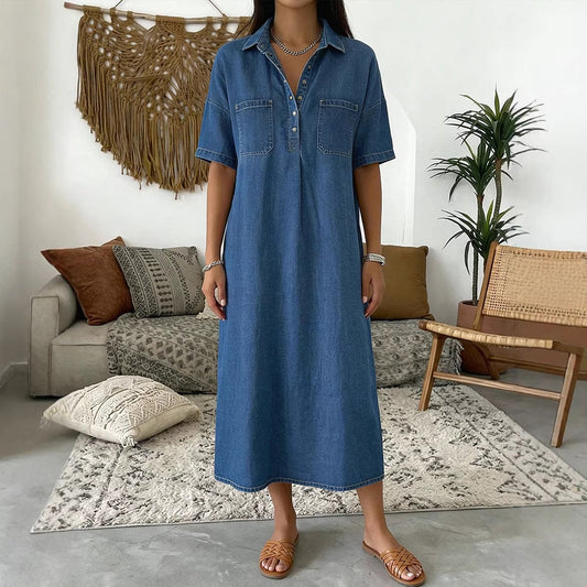 🔥 Letzter Tag! 50% Rabatt Damen Jeans-Hemdkleid Midi mit Taschen 👖 Lässiges alltagstaugliches Sommerkleid – bequem & figurfreundlich