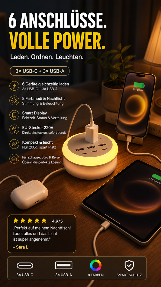 🔋⚡ 6‑Port USB-Ladestation – 60 W, kompatibel mit allen Geräten, platzsparend – alle Geräte gleichzeitig laden – jetzt -50 %! 📱