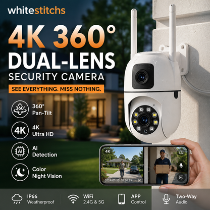 🔍🔍360°-Schwenk- und Neigekamera mit zwei Objektiven und 4K-Auflösung – WLAN-Überwachungskamera für den Außenbereich
