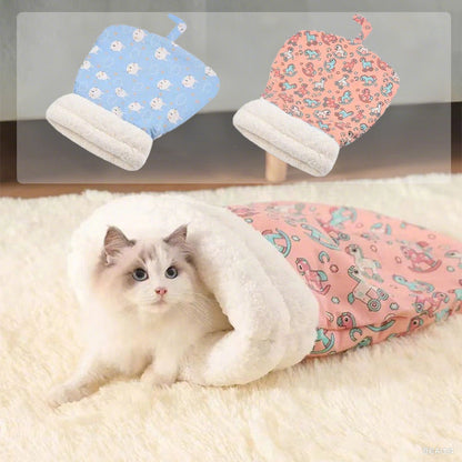 ⏳Zeitlich begrenztes Angebot⏳ Flauschiger Katzen-Winterschlafsack – halb geschlossene Kuschelhöhle mit Cartoon-Muster, Rosa oder Blau