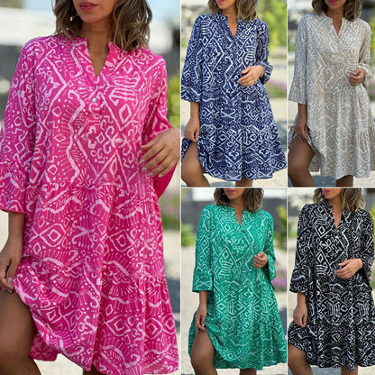 🌺Lässiges, lockeres, fließendes Kleid mit V-Ausschnitt und Muster