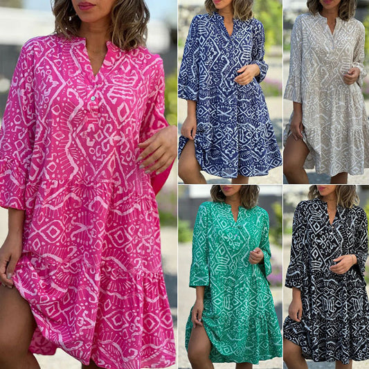 🌺Lässiges, lockeres, fließendes Kleid mit V-Ausschnitt und Muster