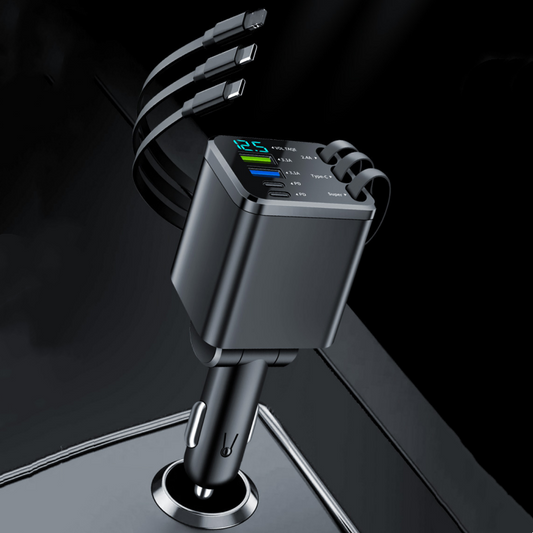 7-in-1 Retractable Fast Car Charger with Voltage Display