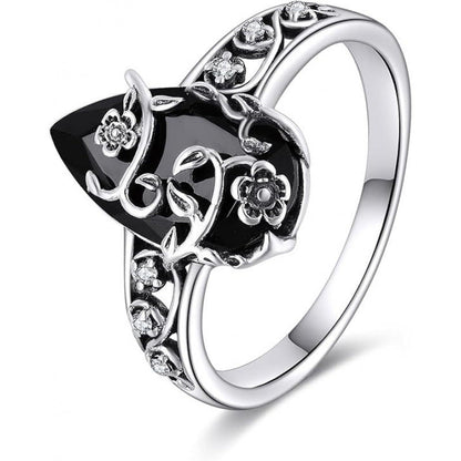 🖤 Silberfarbener Boho-Ring mit schwarzem Tropfenstein und Rankenmuster