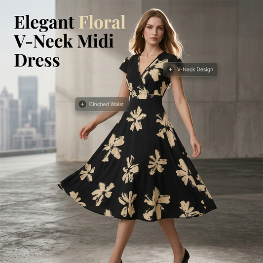 👗 50% RABATT! 🌺 Damen Freizeitkleid mit Print, V-Ausschnitt & Rüschen – Leichter Stoff, Romantischer Stil & Perfekt Für Warme Tage ☀️