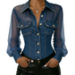 ✨ Neu eingetroffen 💙 Denim-Oberteil mit tailliertem Schnitt und transparenten Einsätzen – Eleganter Look für Arbeit und Freizeit 👖
