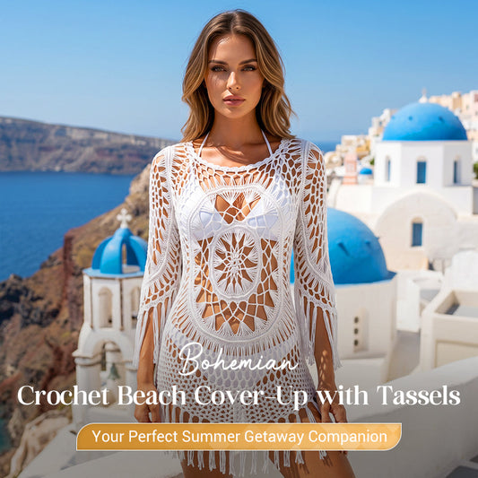 🔥 Letzter Tag! 50% Rabatt Damen Boho Häkel-Strand-Cover-Up mit Quasten 🌴 Romantischer Strandüberwurf für Urlaub & Pool