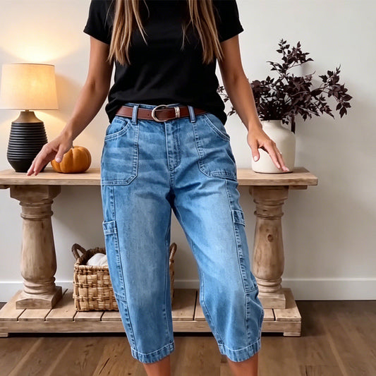 ⏳ Letzter Tag: 50 % Rabatt🔥 Damen 3/4 Cargo Jeans ✨ Lässige elastische verkürzte Jeans für Alltag & Freizeit