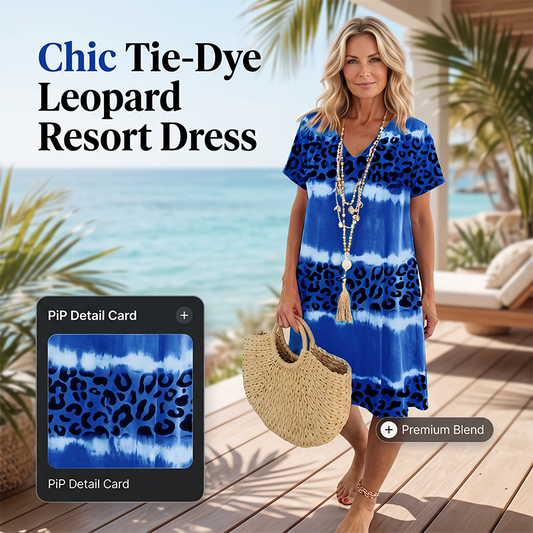 Lässiges Damenkleid mit V-Ausschnitt, Tie-Dye-Effekt und Leopardenmuster