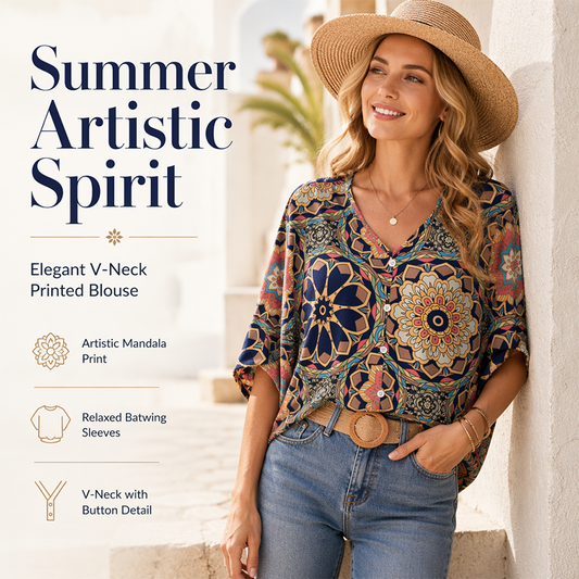 Damenbluse mit V-Ausschnitt und Bohemian-Print – lockeres Sommerhemd