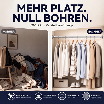 🔧 JETZT 50 % RABATT! 📏 Verstellbare Spannstange ohne Bohren – Werkzeugfreie Montage, starker Halt & vielseitig einsetzbar – Schafft sofortigen Stauraum überall und jederzeit 🏠