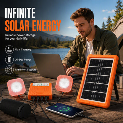 💥 50% Rabatt! ☀️ Tragbares Solarstromsystem – 4 W Panel, 2400 mAh Akku, Typ-C/USB/DC. Inkl. 2 LED-Leuchten. Wasserdicht, stoßfest. Für Camping & Notfälle 🛡️